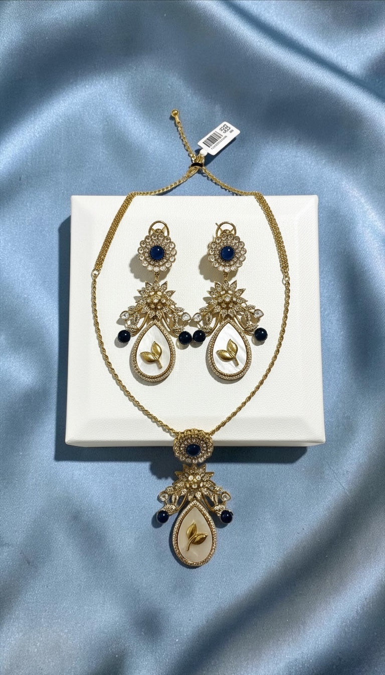 Black Stone & Mother of Pearl Pendant Necklace Set with Enamel Drops & Statement Earrings | Minimal Luxe Jewelry