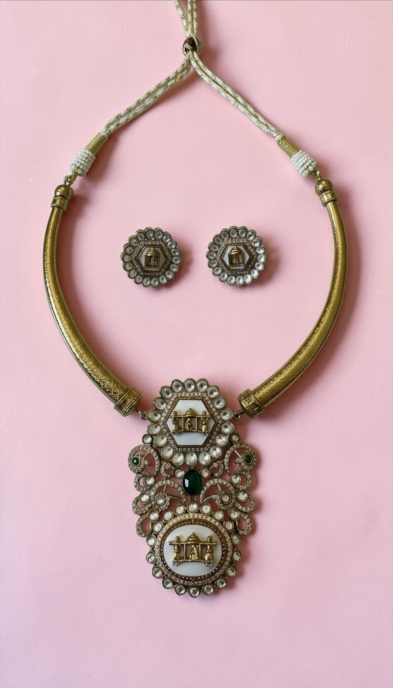 Antique Gold Temple Necklace Set with Mother of Pearl & Heritage Motifs | Statement Ethnic Jewelry