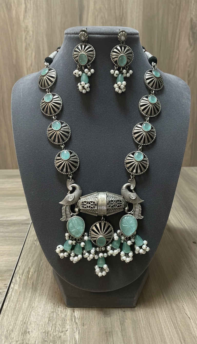 Oxidised Peacock Statement Necklace Set with Mint Stone Drops & Pearl Clusters | Boho Tribal Jewelry
