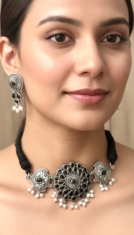 92.5 Silver Polish Kundan Choker Set with Black Stones & Pearl Drops