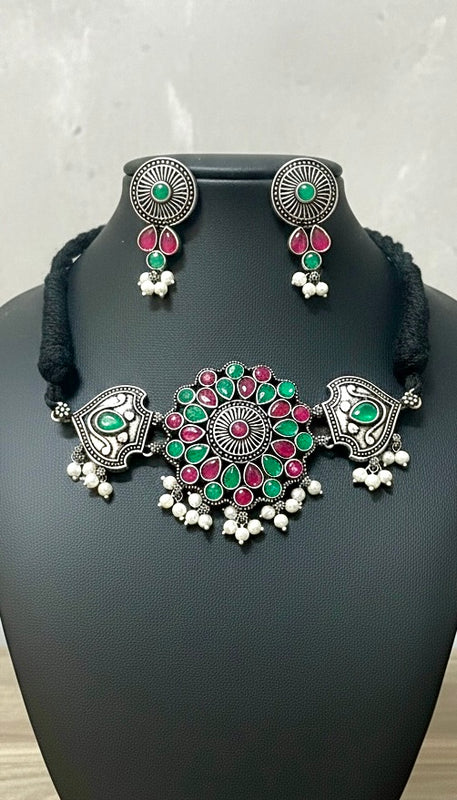 92.5 Silver Polish Kundan Choker Set with Green-Red Stones & Pearl Drops