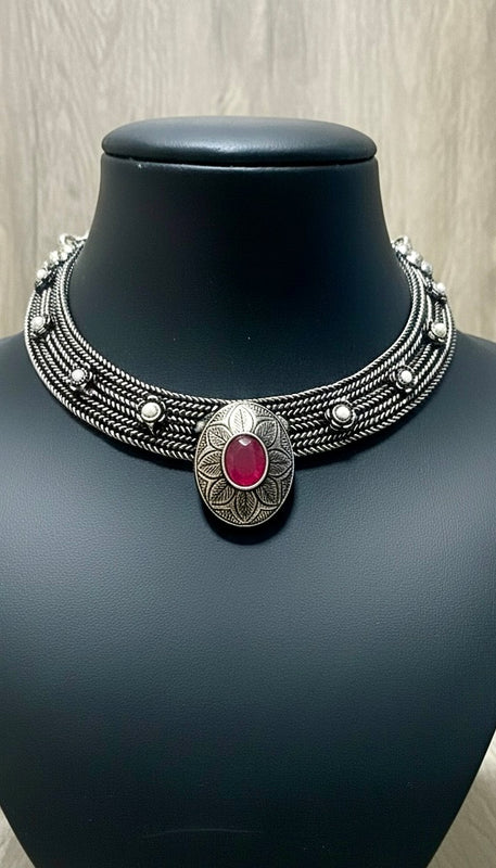 92.5 Silver Polish Tribal-Inspired Multi-Strand Necklace Set with Red Stone (without earrings)