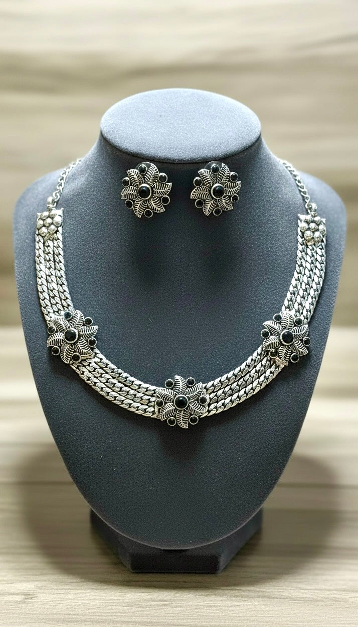 92.5 Silver Polish Tribal-Inspired Multi-Strand Necklace Set with Black Floral Stone Accents
