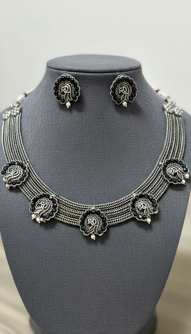 92.5 Silver Polish Tribal-Inspired Multi-Strand Necklace Set with Black Floral Choker