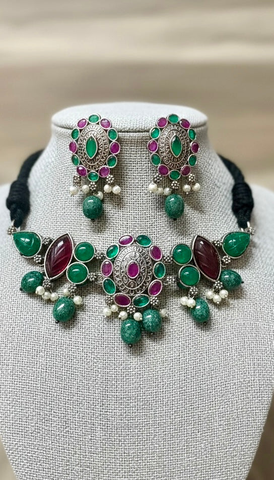 Oxidised Green & Magenta Statement Choker Set with Pearl Drops | Tribal Fusion Jewelry