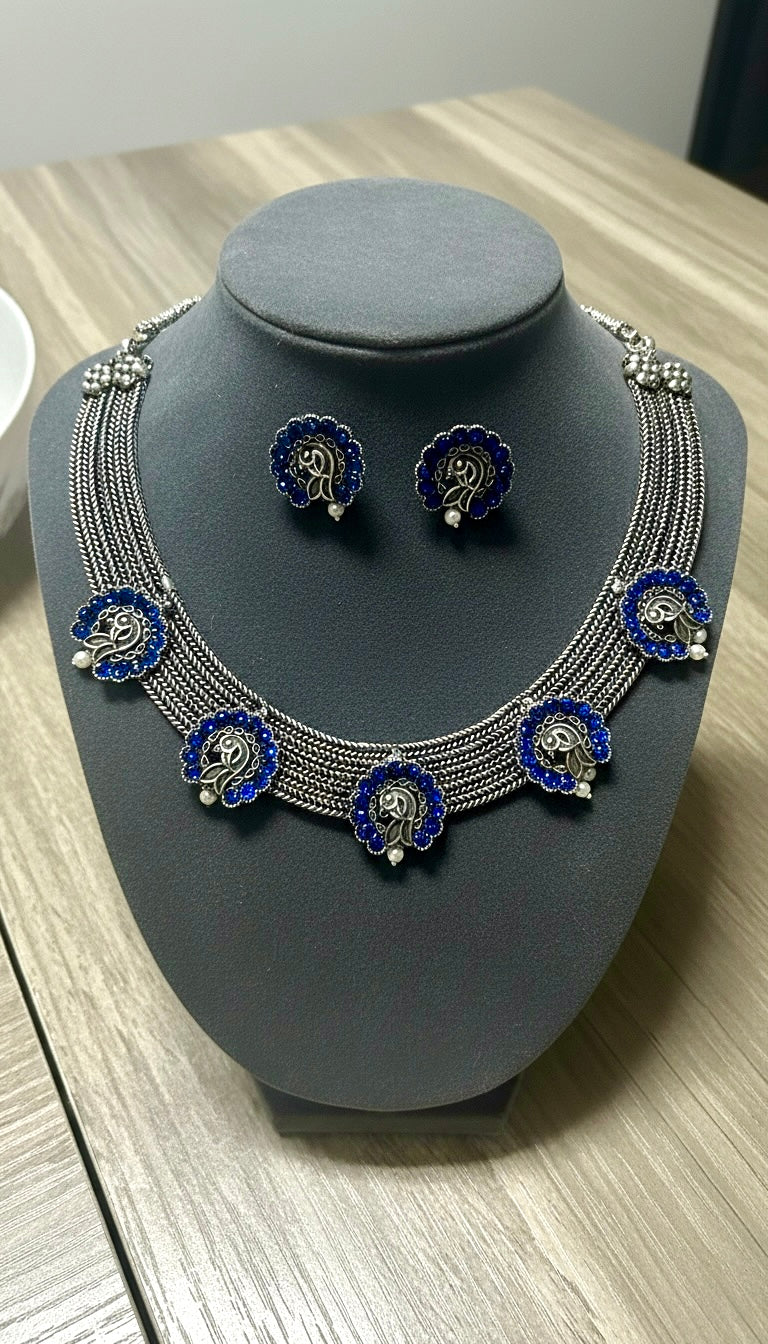 92.5 Silver Polish Tribal-Inspired Multi-Strand Necklace Set with Ink Blue Floral Stone Accents