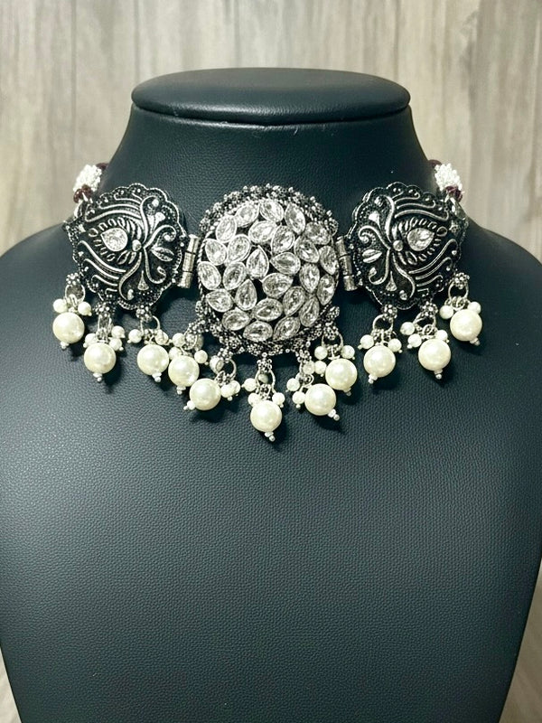92.5 Silver Polish Tribal Dome Choker Necklace with Pearl Bead Drops (without earrings)