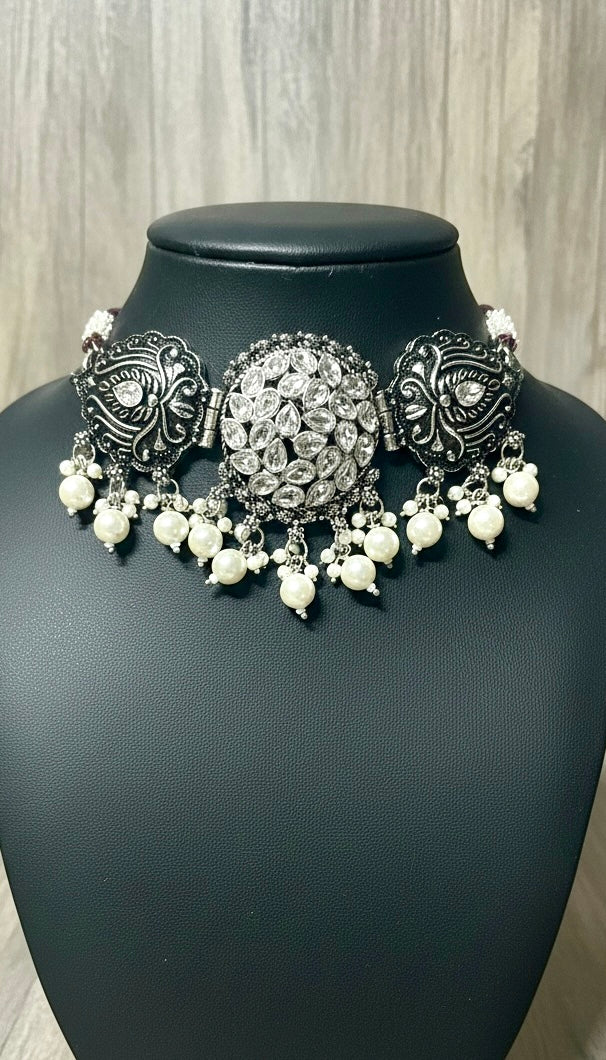 92.5 Silver Polish Tribal Dome Choker Necklace with Pearl Bead Drops (without earrings)
