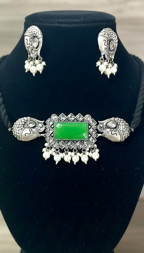 Oxidised Elephant Choker Necklace Set with Green Stone & Pearl Drops | Tribal Statement Jewelry