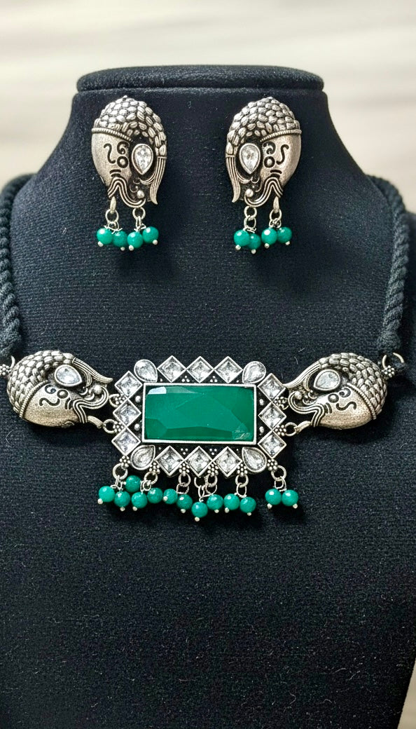 Oxidised Elephant Choker Necklace Set with Dark Green Stone & Pearl Drops | Tribal Statement Jewelry