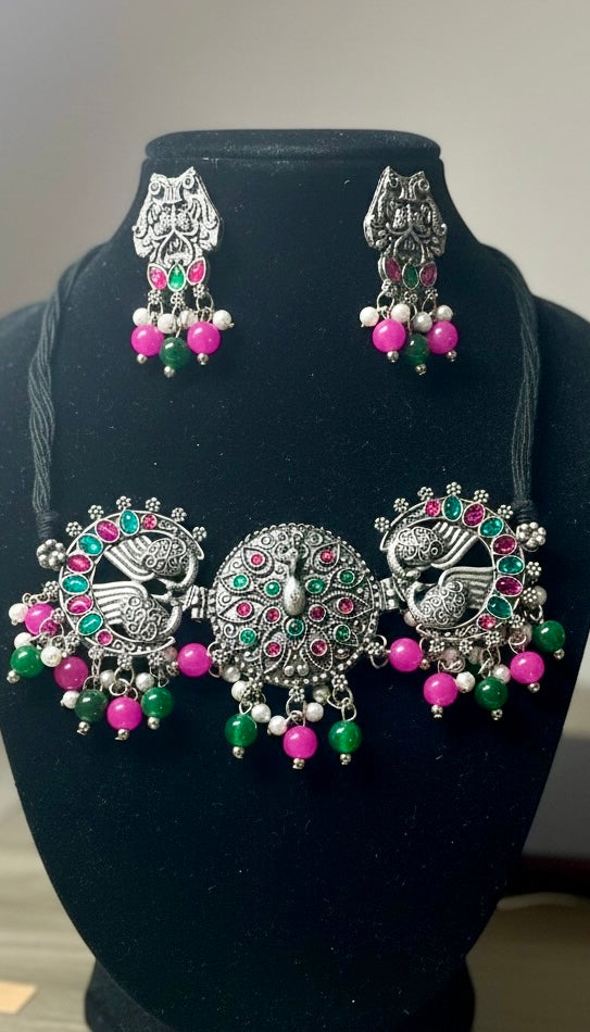 Oxidised Peacock Choker Set with Pink & Green Bead Drops | Tribal Festive Statement Jewelry