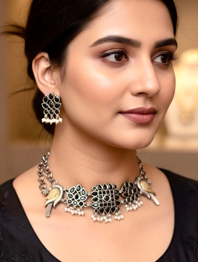 Oxidised Bird Motif Choker Necklace Set with Pearl Drops | Contemporary Tribal Statement Jewelry