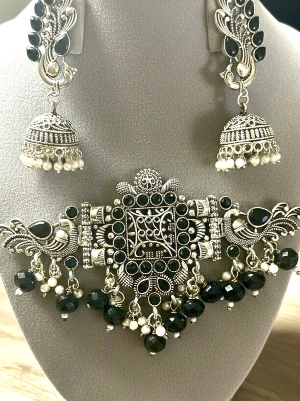 92.5 Silver Polish Oxidized Choker with Semi-precious Stones & Beaded Drops