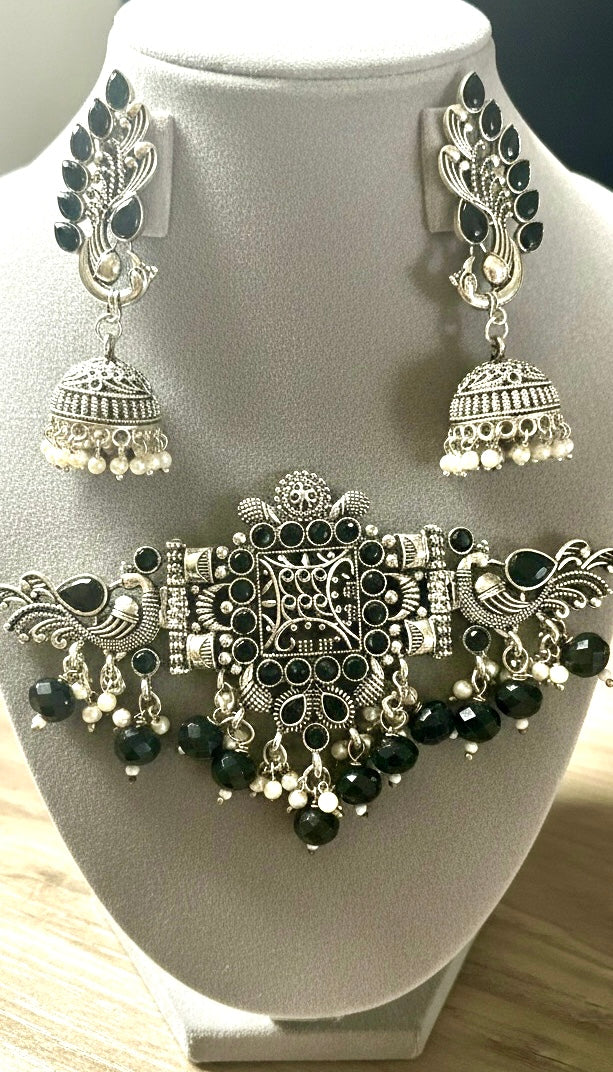 92.5 Silver Polish Oxidized Choker with Semi-precious Stones & Beaded Drops
