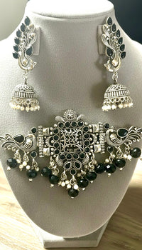 92.5 Silver Polish Oxidized Choker with Semi-precious Stones & Beaded Drops