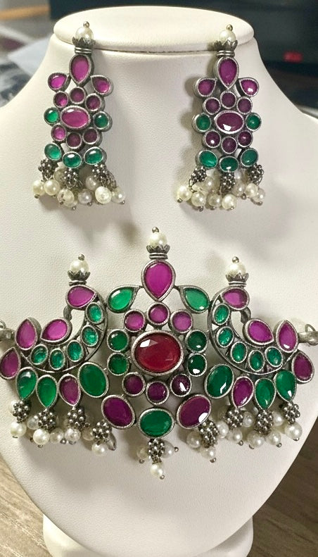 Pink & Green Stone Choker Set with Pearl Drops | Festive Tribal Statement Jewelry