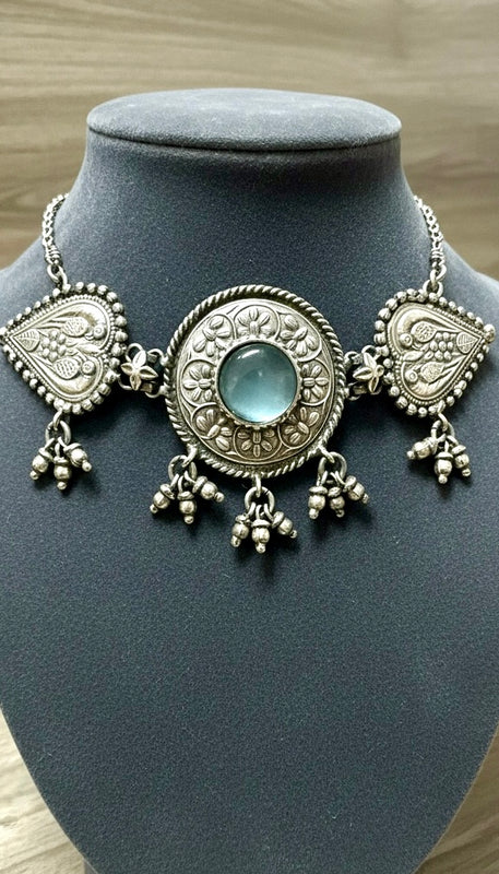 Oxidised Floral Choker Necklace with Aqua Stone Accent | Minimal Tribal Statement Jewelry