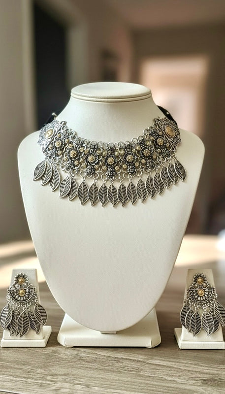 Oxidised Leaf Fringe Choker Set with Floral Detailing | Boho Tribal Statement Jewelry
