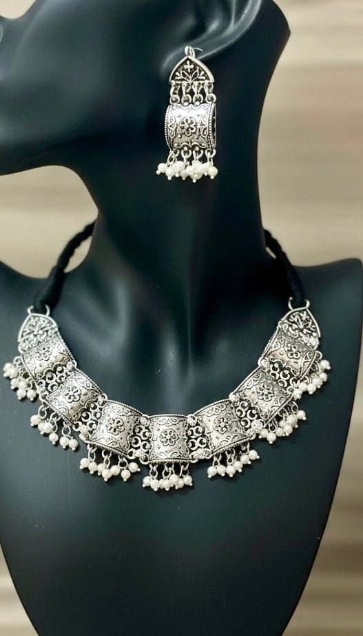 Oxidised Pearl Fringe Choker Set with Intricate Filigree Detailing | Tribal Statement Jewelry