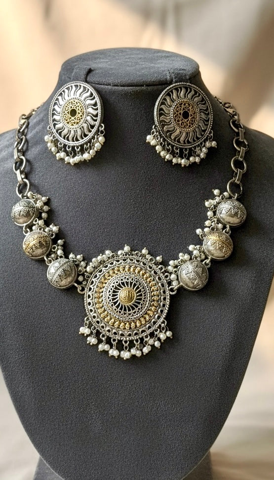 Oxidised Dual-Tone Tribal Necklace Set with Pearl Drops | Heritage Statement Jewelry
