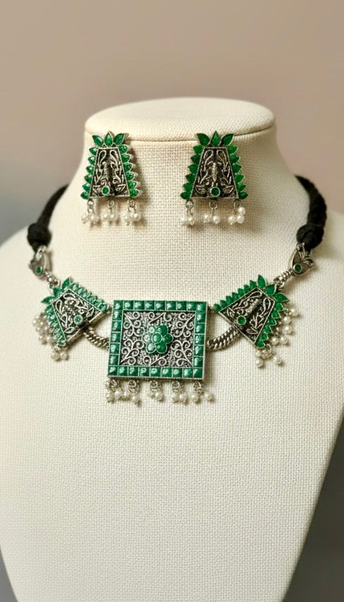 Silver-Plated Oxidised Tribal Choker Necklace Set with Pearl Fringe & Geometric Detailing | Statement Fusion Jewelry