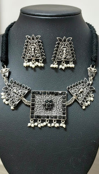 Silver-Plated Oxidised Tribal Choker Necklace Set with Pearl Fringe & Geometric Detailing | Statement Fusion Jewelry