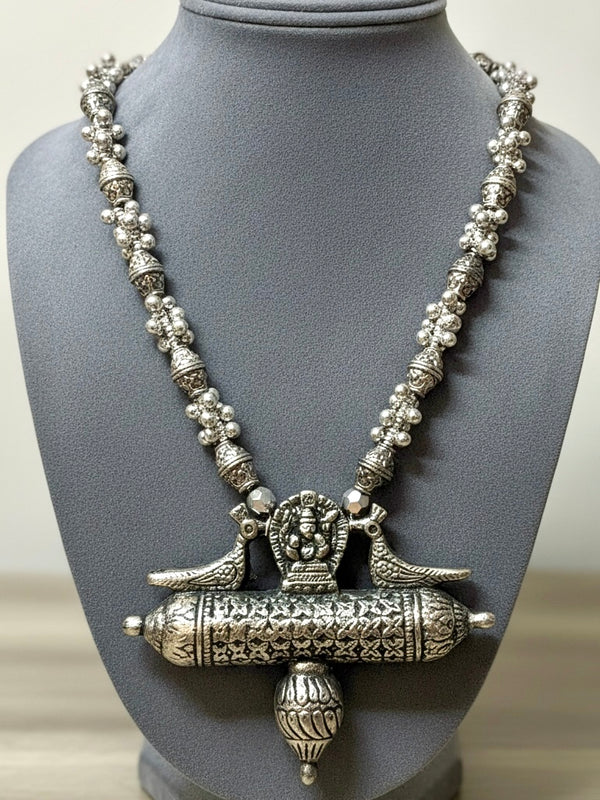 Silver-Plated Tribal Long Necklace with Temple-Inspired Pendant | Heritage Statement Jewelry