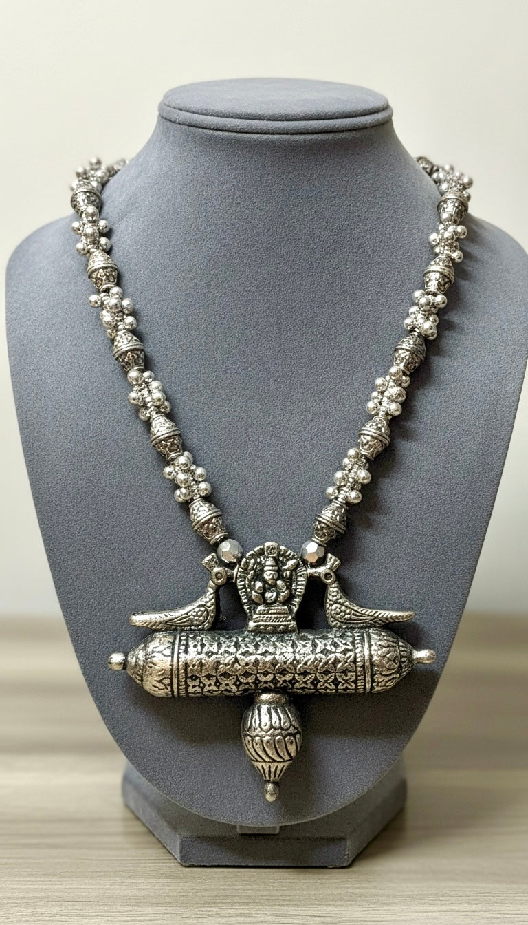 Silver-Plated Tribal Long Necklace with Temple-Inspired Pendant | Heritage Statement Jewelry