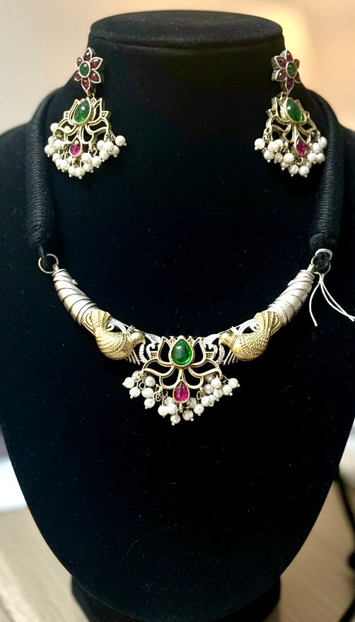 Silver-Plated Lotus Motif Choker Set with Pearl Drops | Tribal Fusion Statement Jewelry