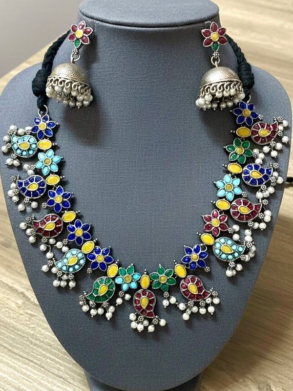 Silver-Plated Multicolor Bird Motif Necklace Set with Pearl Drops | Festive Statement Jewelry