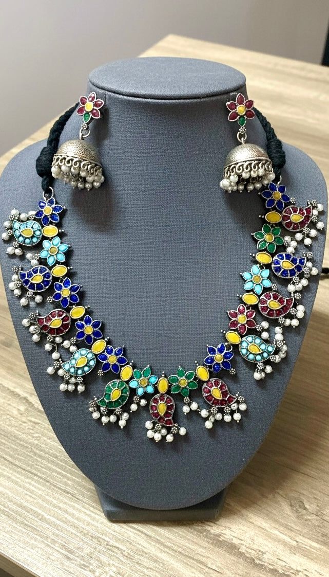 Silver-Plated Multicolor Bird Motif Necklace Set with Pearl Drops | Festive Statement Jewelry