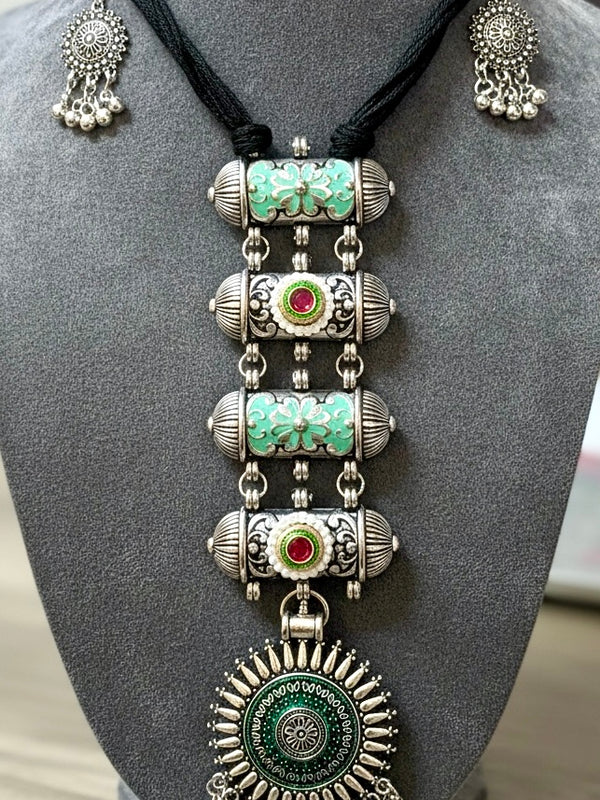 Silver-Plated Tribal Long Necklace Set with Enamel Detailing & Statement Pendant | Boho Heritage Jewelry