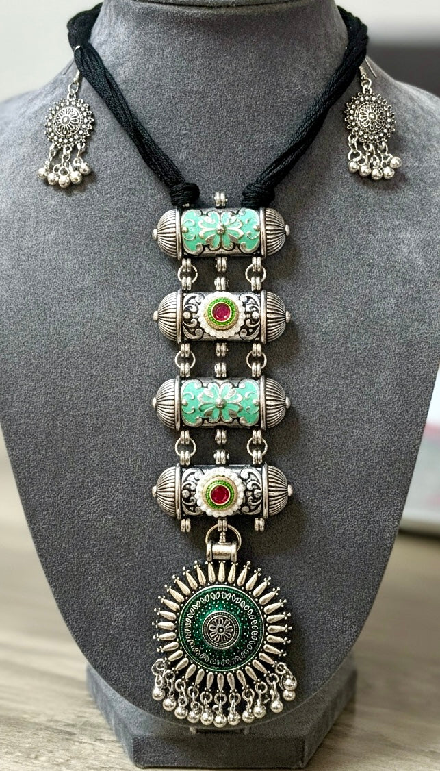 Silver-Plated Tribal Long Necklace Set with Enamel Detailing & Statement Pendant | Boho Heritage Jewelry