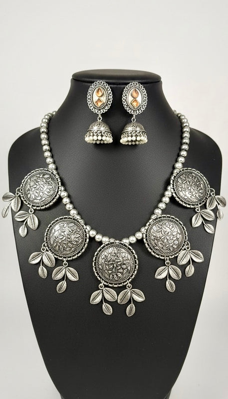 Silver-Plated Floral Coin Necklace Set with Leaf Charms & Jhumka Earrings | Tribal Statement Jewelry