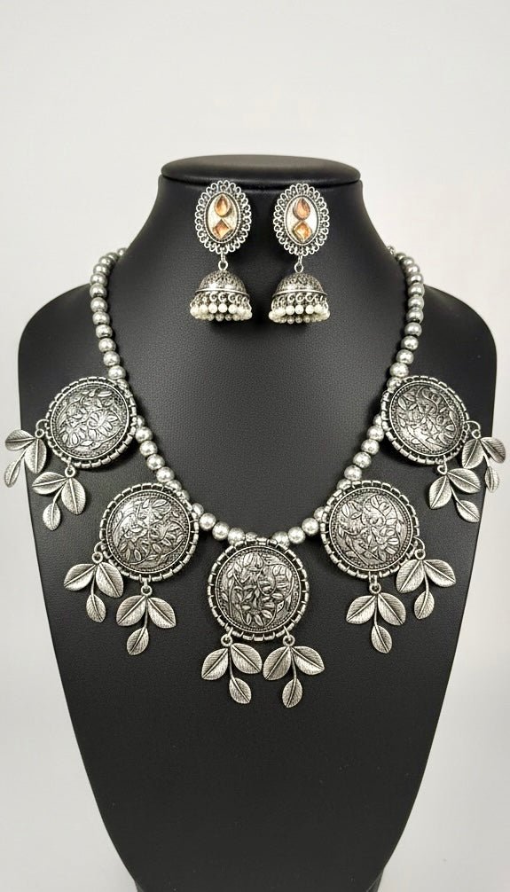 Silver-Plated Floral Coin Necklace Set with Leaf Charms & Jhumka Earrings | Tribal Statement Jewelry