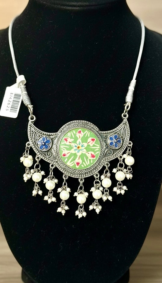 Silver-Plated Floral Art Pendant Necklace with Pearl Drops | Boho Fusion Statement Jewelry
