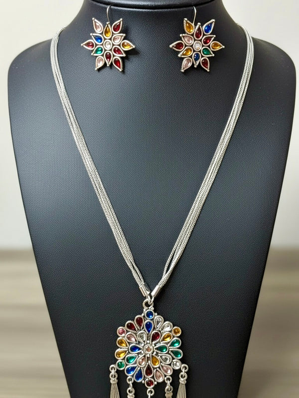 Silver-Plated Multicolor Floral Pendant Necklace Set | Contemporary Fusion Statement Jewelry