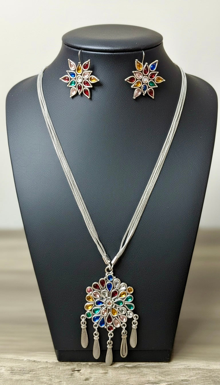Silver-Plated Multicolor Floral Pendant Necklace Set | Contemporary Fusion Statement Jewelry