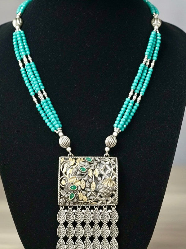 Silver-Plated Turquoise Beaded Long Necklace with Floral Pendant | Boho Heritage Statement Jewelry