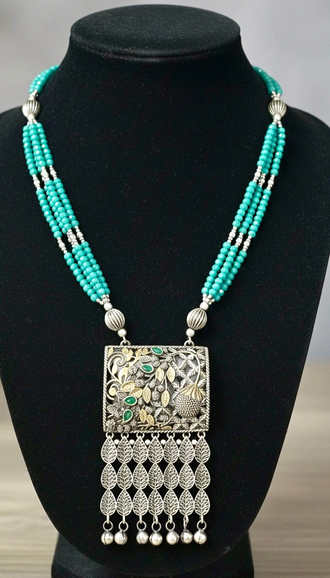 Silver-Plated Turquoise Beaded Long Necklace with Floral Pendant | Boho Heritage Statement Jewelry