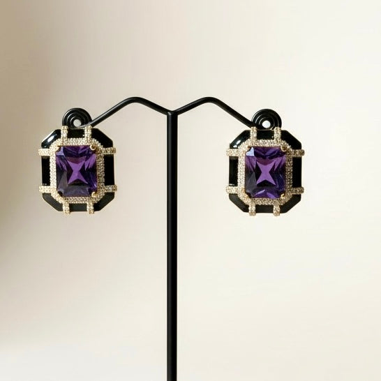 Purple Crystal Statement Stud Earrings with Gold Detailing | Elegant Evening Jewelry