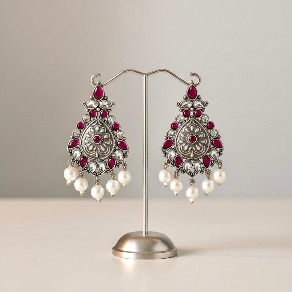 Red Statement Earrings with Pearl Drops | Ethnic Boho Jewelry