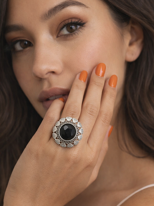 Vintage Floral Statement Silver Tone Ring