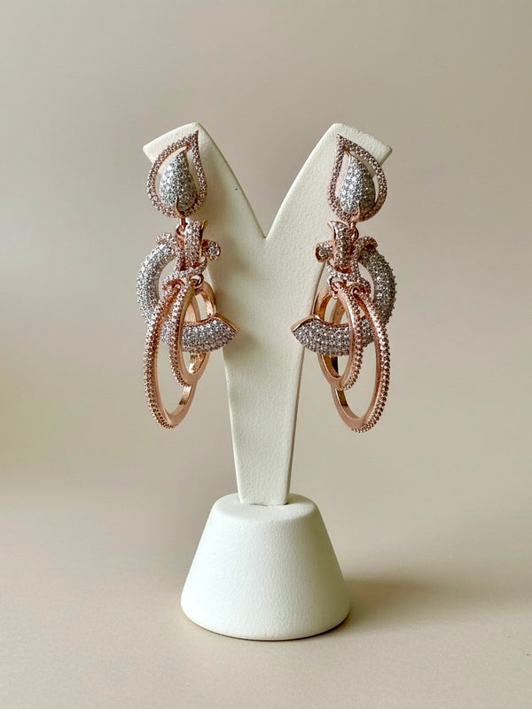 Rose Gold Crystal Loop Drop Earrings | Geometric Statement Party Jewelry