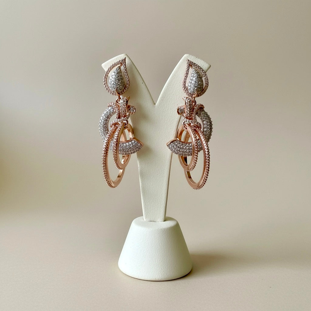 Rose Gold Crystal Loop Drop Earrings | Geometric Statement Party Jewelry