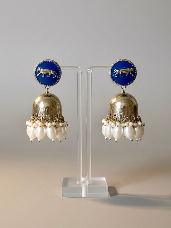 Royal Blue Enamel Tiger Jhumka Earrings with Pearl Drops | Statement Ethnic Jewelry