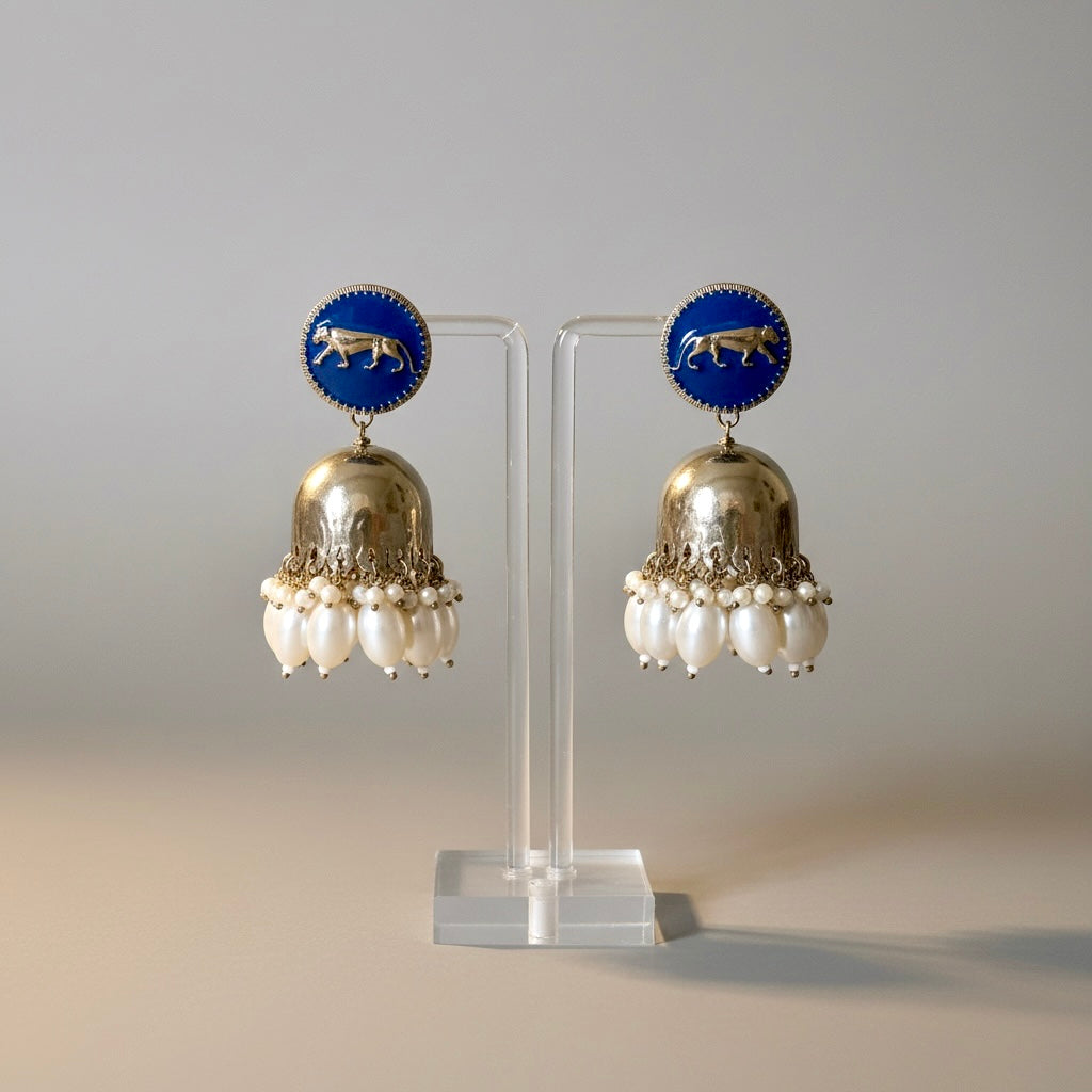 Royal Blue Enamel Tiger Jhumka Earrings with Pearl Drops | Statement Ethnic Jewelry