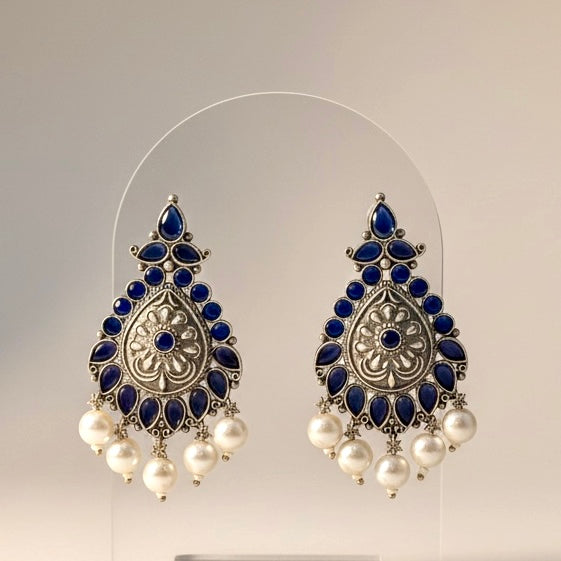 Royal Blue  Statement Earrings with Pearl Drops | Ethnic Boho Jewelry