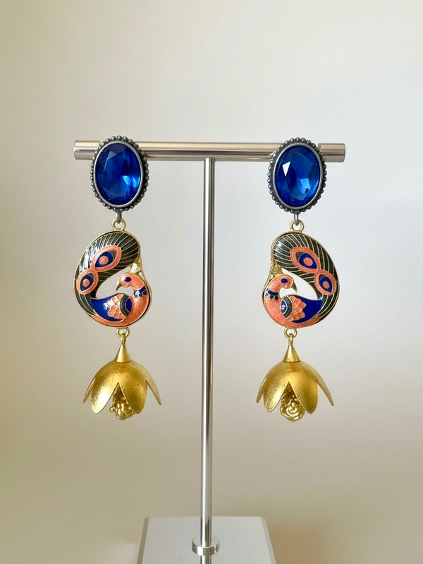 Royal Blue Peacock Enamel Earrings with Gold Dome Drops | Artistic Statement Jewelry