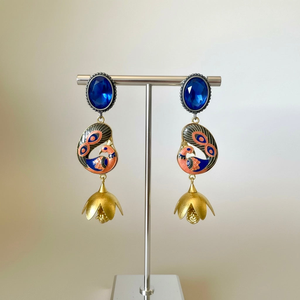 Royal Blue Peacock Enamel Earrings with Gold Dome Drops | Artistic Statement Jewelry